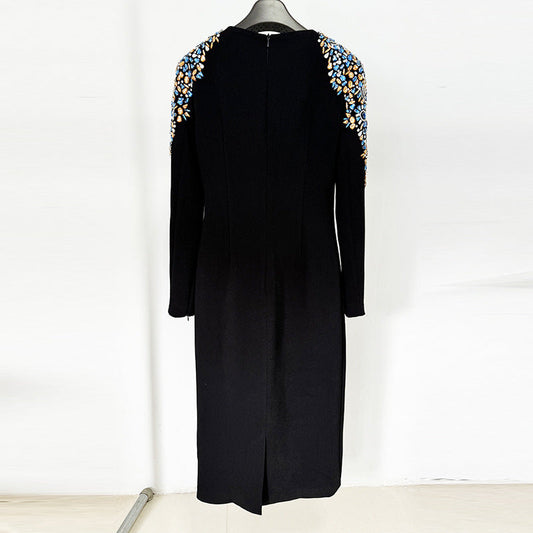 A Heavy Industry Bead Diamond Long Sleeve Medium and Long Dress
