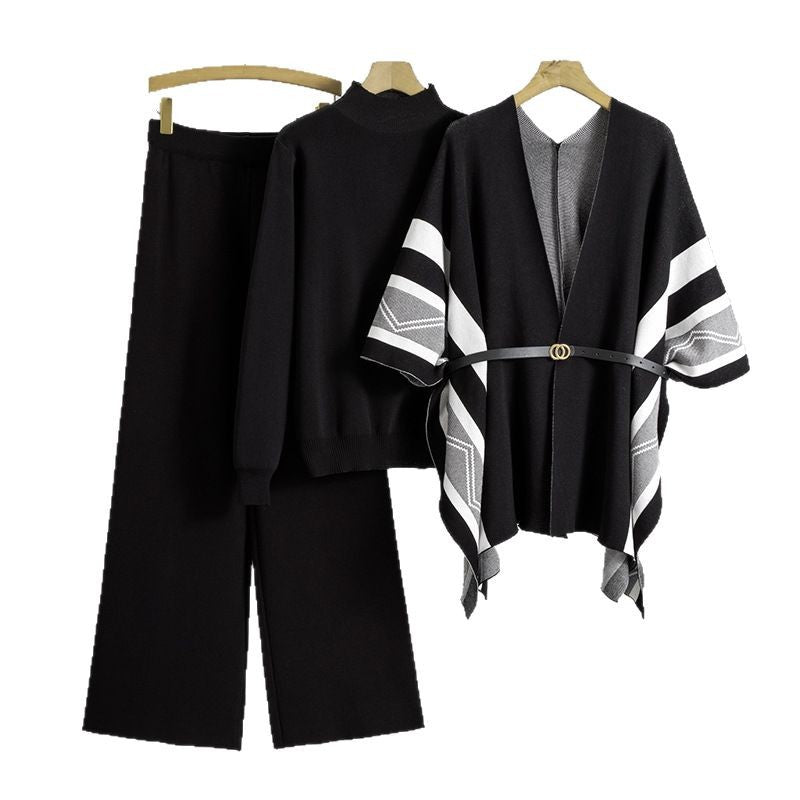 A knitted shawl sweater pants three-piece set