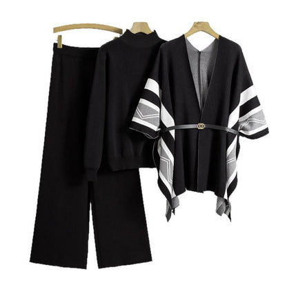 A knitted shawl sweater pants three-piece set