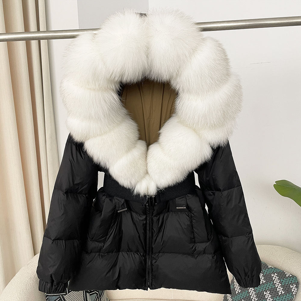 A fur collar hooded white duck down jacket