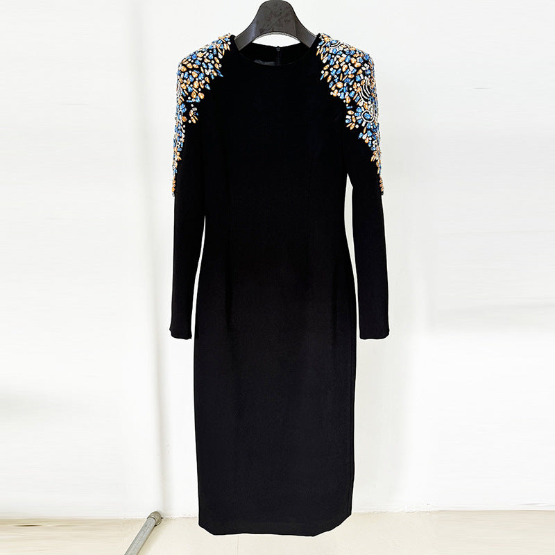 A Heavy Industry Bead Diamond Long Sleeve Medium and Long Dress