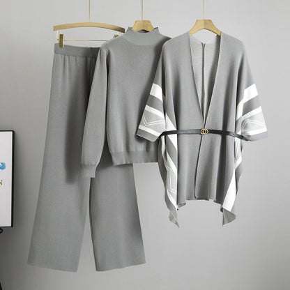 A knitted shawl sweater pants three-piece set