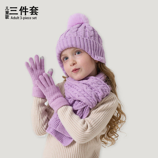 A children's hats, scarves and gloves three-piece set wool inside