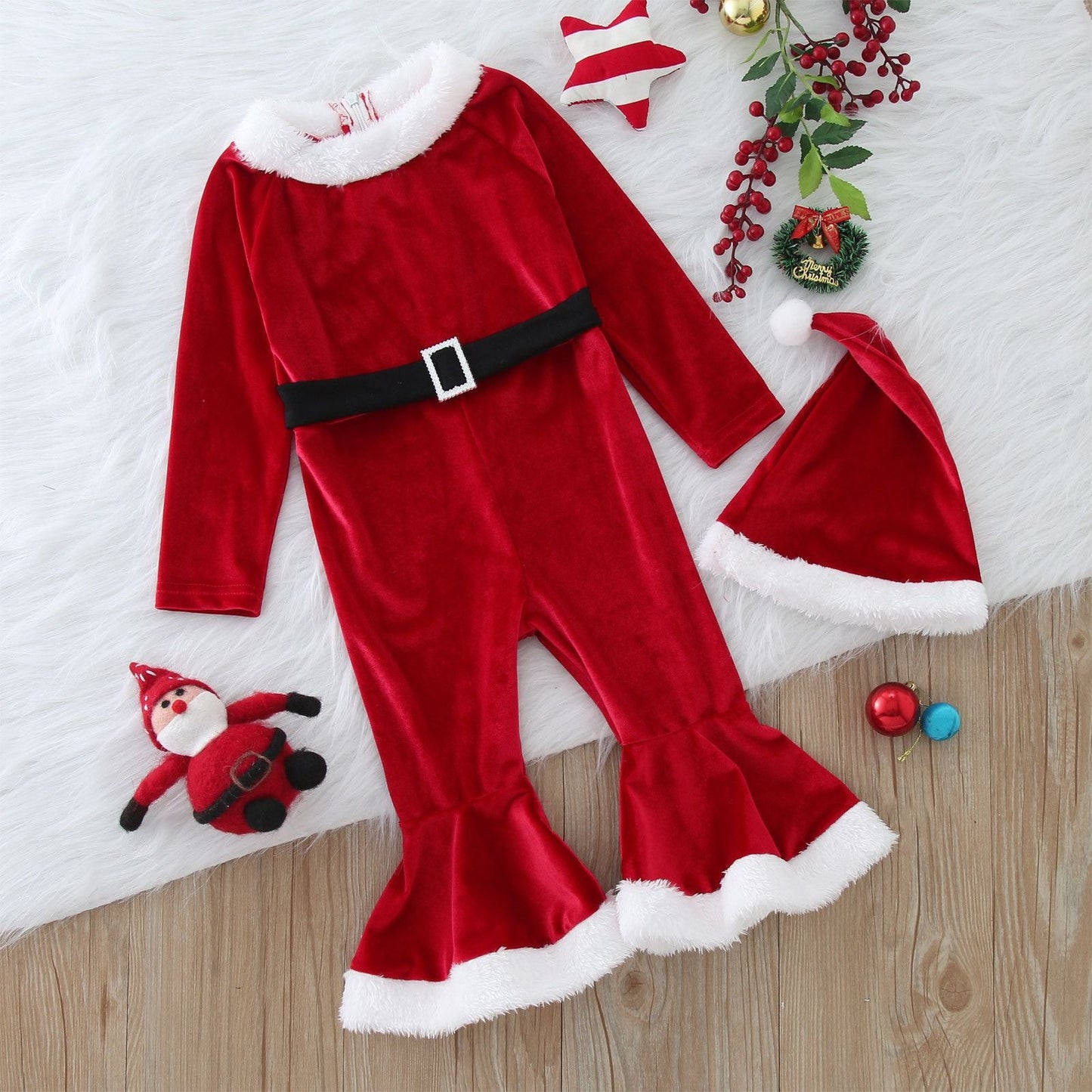 A Christmas children's long-sleeved plush one-piece hat set
