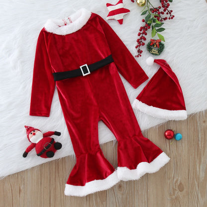 A Christmas children's long-sleeved plush one-piece hat set