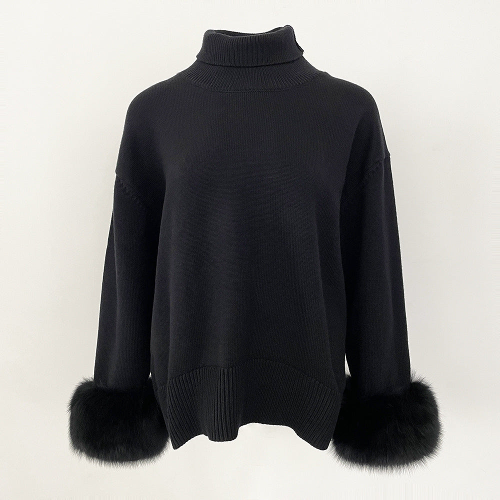 A popular thickened knitted sweater autumn and winter new loose high-necked real fox cuff sweater women