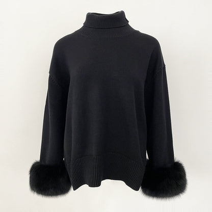 A popular thickened knitted sweater autumn and winter new loose high-necked real fox cuff sweater women