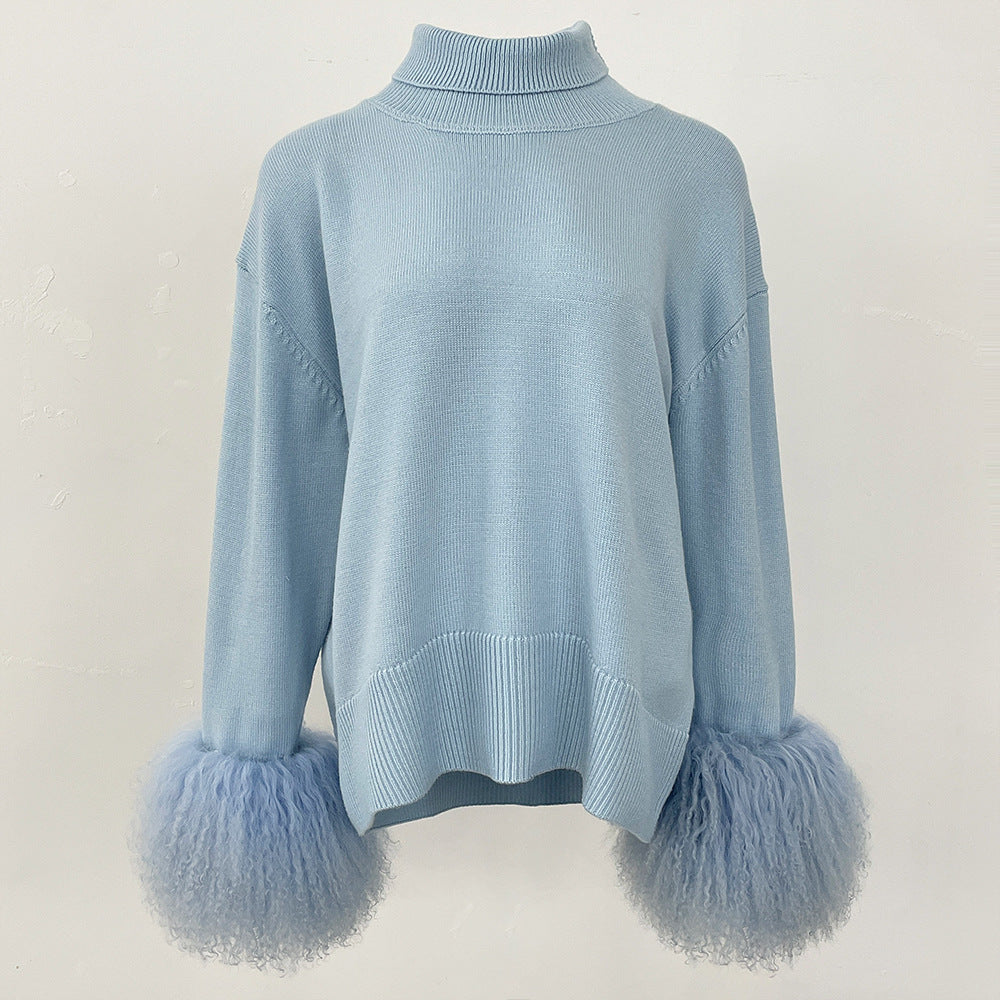 A popular thickened knitted sweater autumn and winter new loose high-necked real fox cuff sweater women