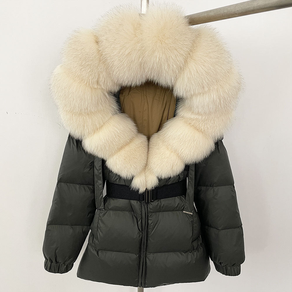 A fur collar hooded white duck down jacket