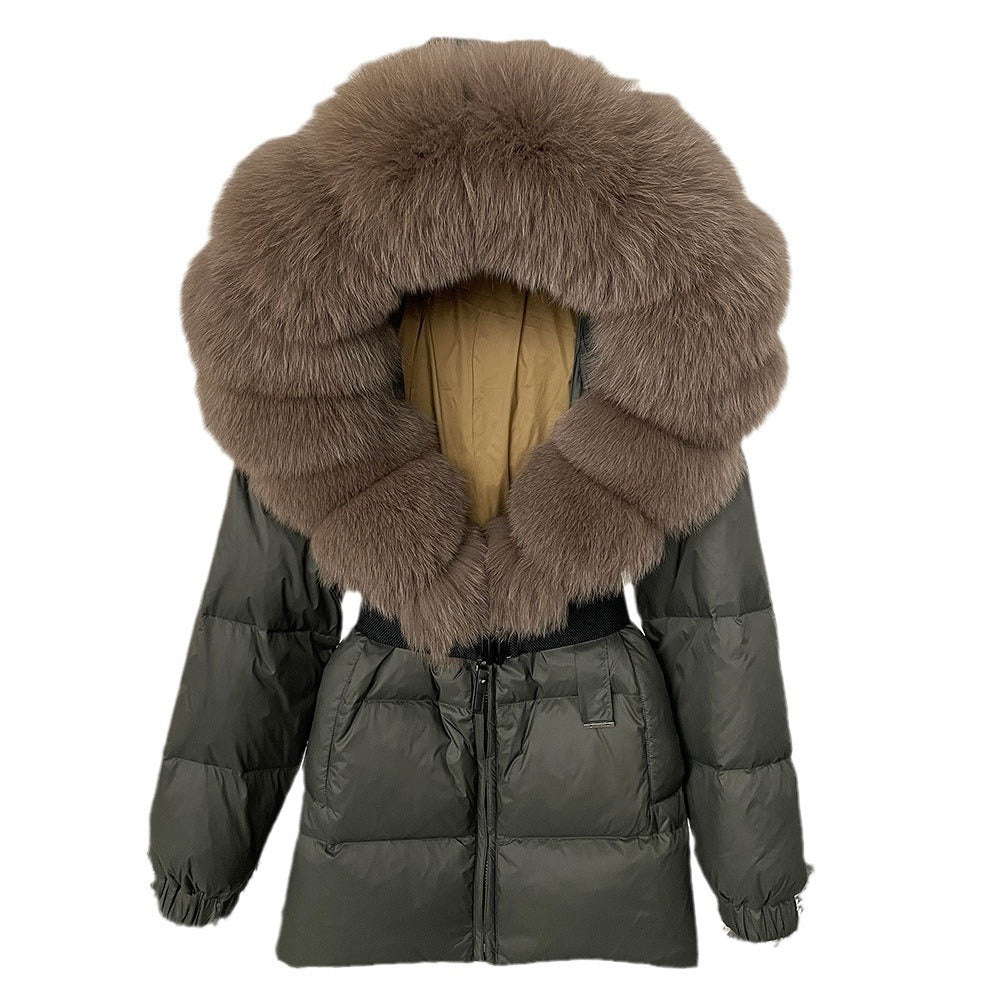 A fur collar hooded white duck down jacket