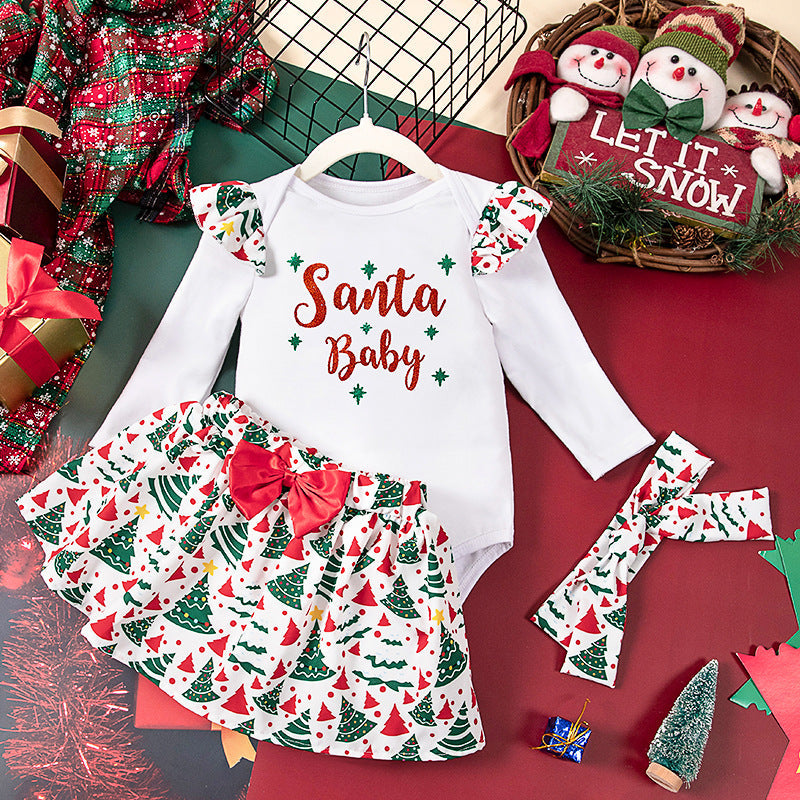 A Christmas children's long-sleeved skirt three-piece set