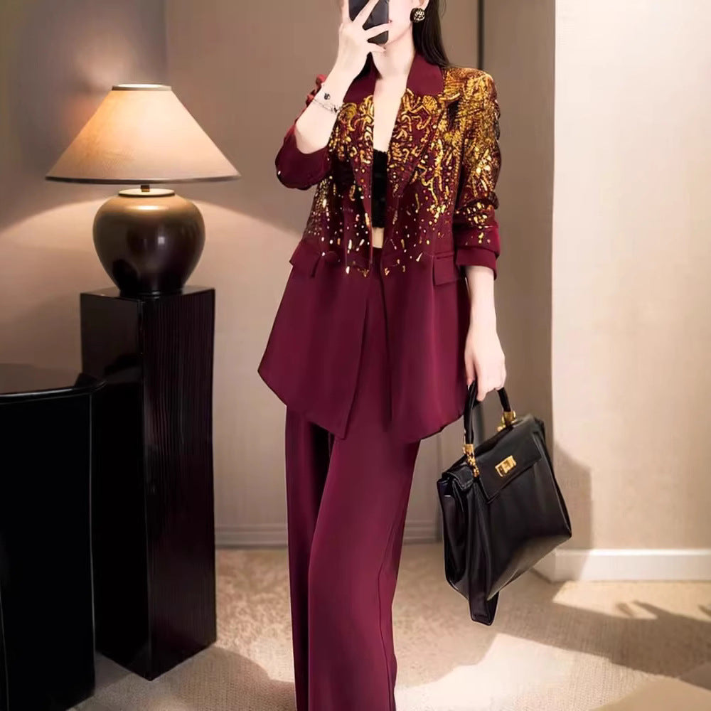 A autumn women's clothing commuting light wear, slightly fat and thin Angola red sequined suit wide-leg pants two-piece suit