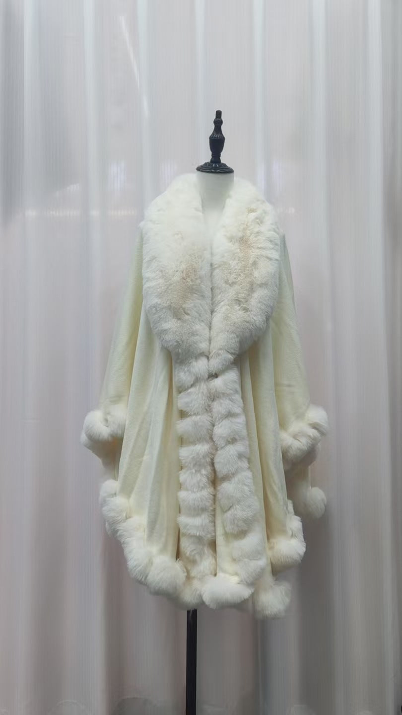 A Rabbit fur large lapel handmade wool cross-border European and American knitted imitation cashmere cardigan large size shawl cape