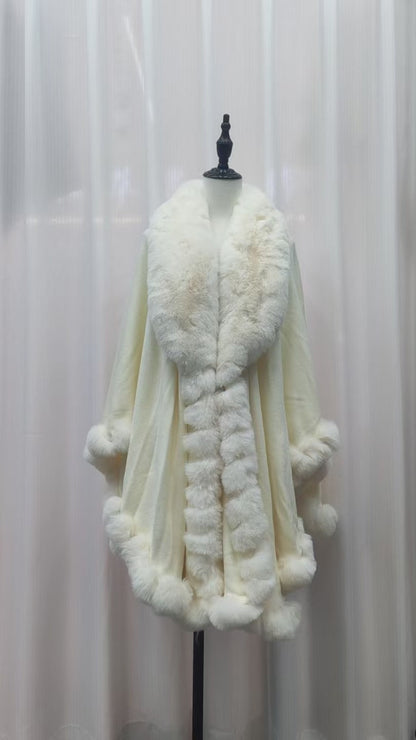 A Rabbit fur large lapel handmade wool cross-border European and American knitted imitation cashmere cardigan large size shawl cape