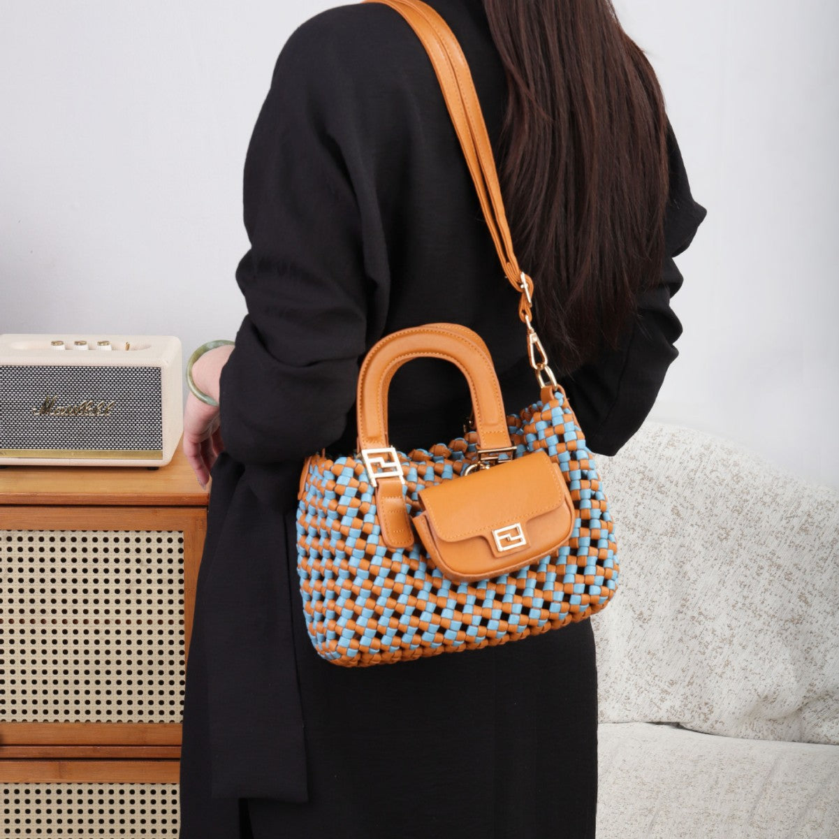 A woven handbag