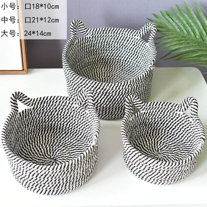 A woven fabric storage basket