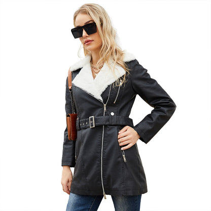 A women's fleece leather jacket