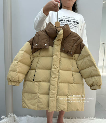 A winter new Korean version of children's cold clothing thickened shoulder color matching hooded warm jacket thickened warm