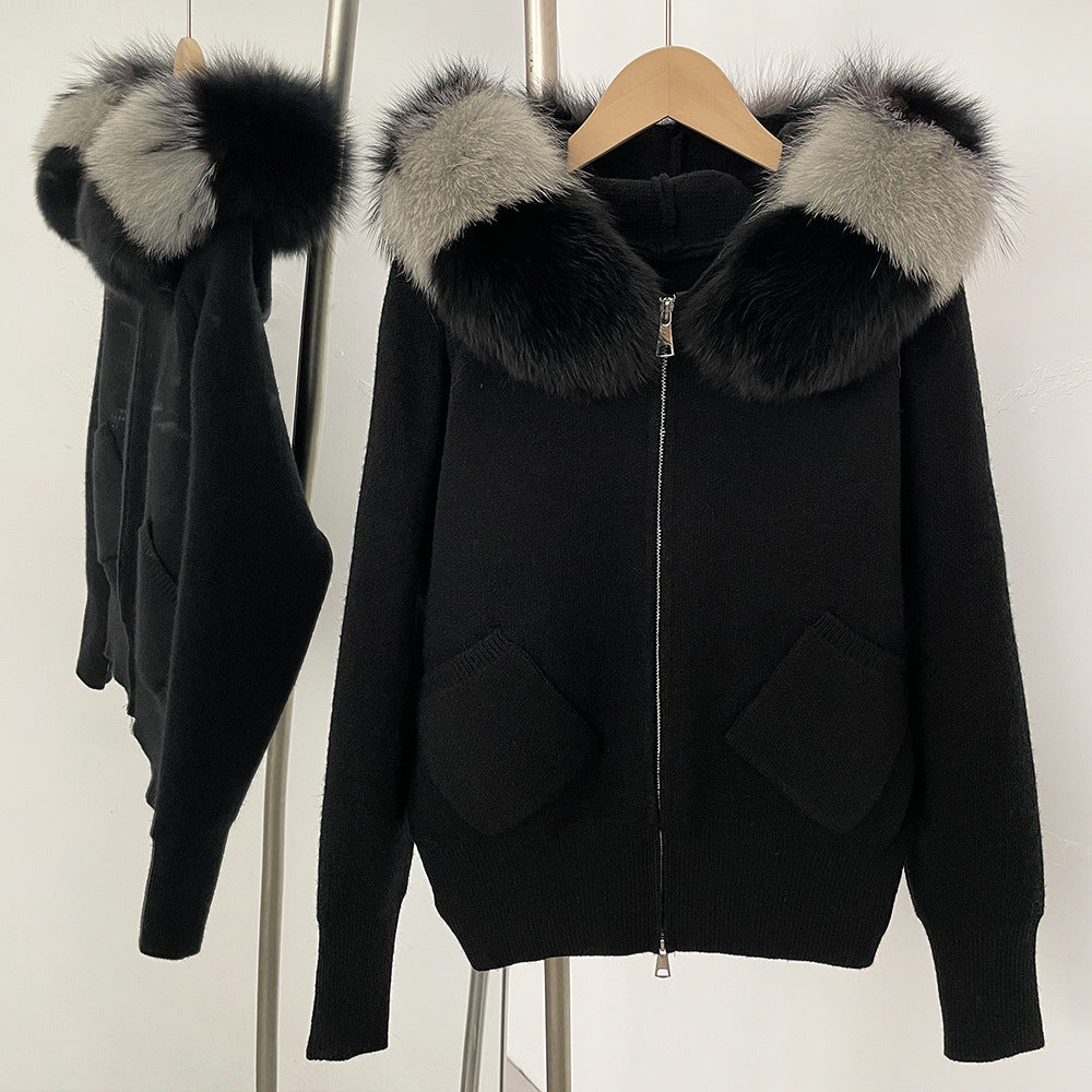 A autumn and winter new knitted sweater women's Korean version removable oversized real fox fur collar hooded knitted cardigan jacket