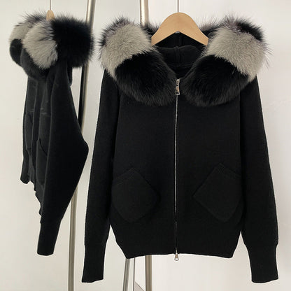 A autumn and winter new knitted sweater women's Korean version removable oversized real fox fur collar hooded knitted cardigan jacket