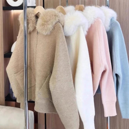 A fur collar hooded sweater jacket women's autumn and winter new high-end fashion lazy knitted cardigan top