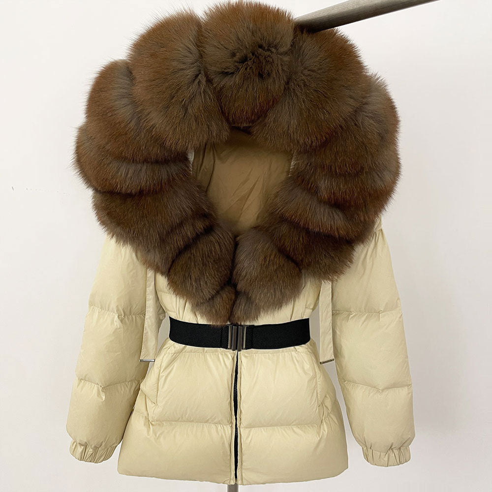 A fur collar hooded white duck down jacket