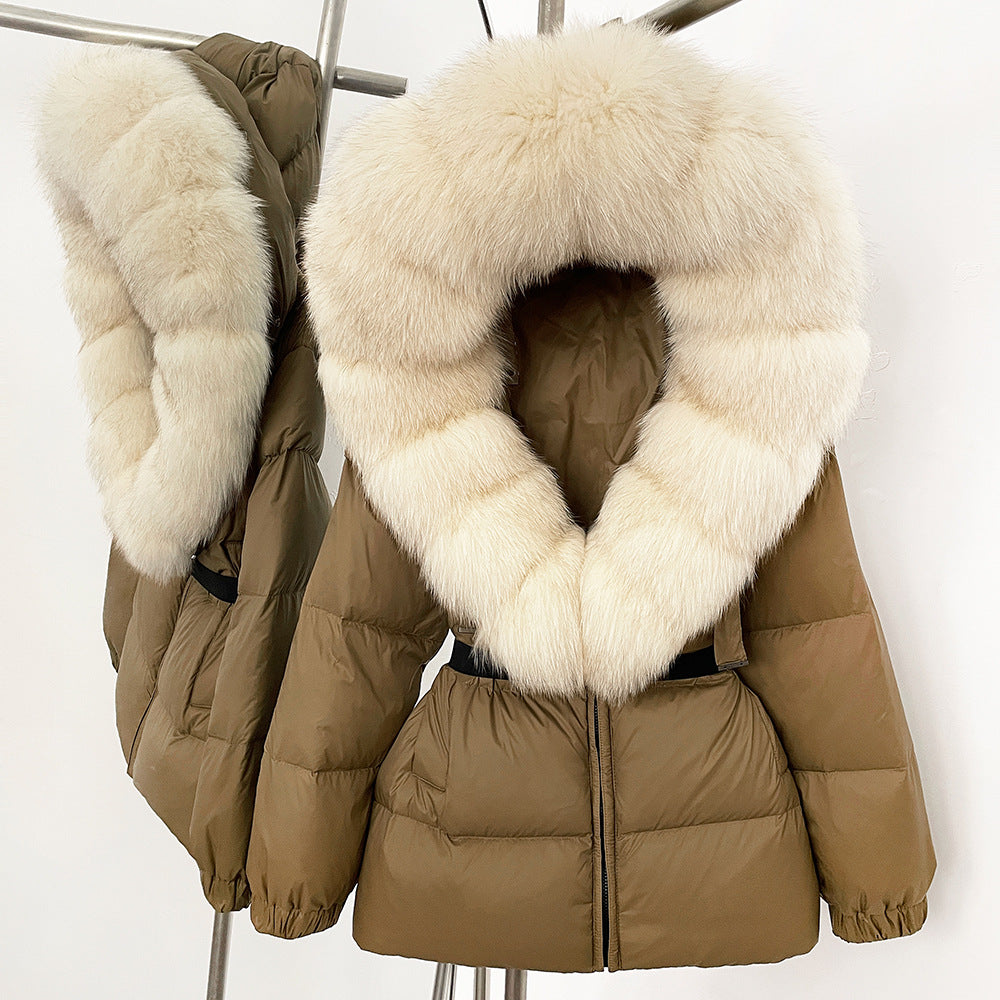A fur collar hooded white duck down jacket