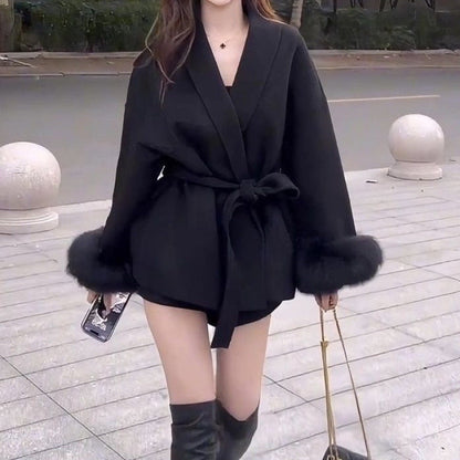 A strap, hairy sleeves, thin Hepburn woolen coat, women's autumn and winter woolen temperament, new product sense, thin coat, slim fit