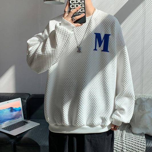 B2-m11 Autumn crew neck waffle sweater men's and women's loose casual letter embroidery Hong Kong style long sleeves without hat with clothes inside - Mixbatch