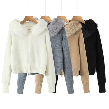 A Fake fur collar hooded long-sleeved zip-up cardigan knitted sweater jacket