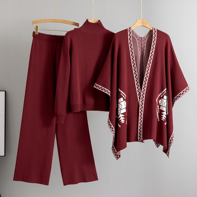 A knitted sweater shawl cape jacket three-piece set