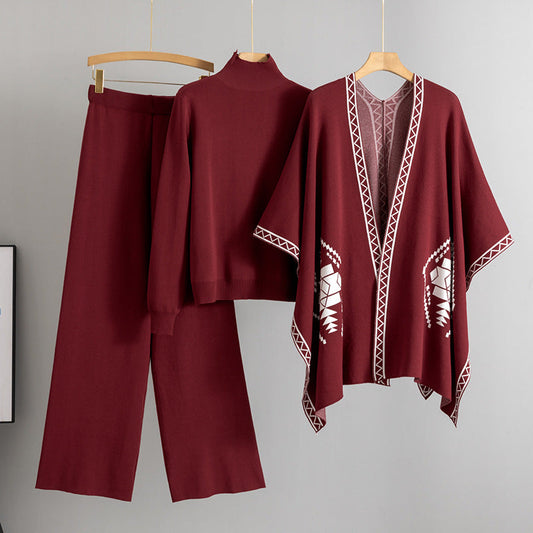 A knitted sweater shawl cape jacket three-piece set
