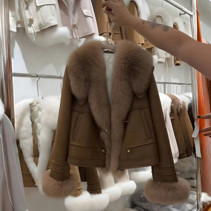 A fur-collared suede jacket