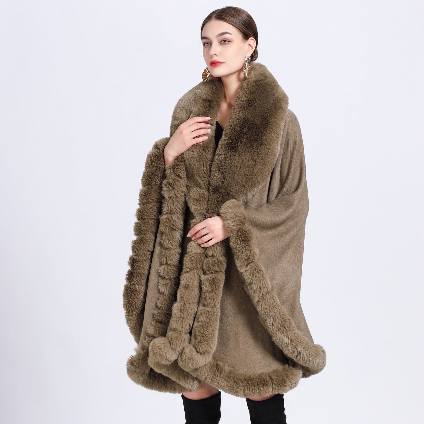 A European and American autumn and winter new imitation Rex rabbit fur collar cape large size knitted cardigan loose coat women