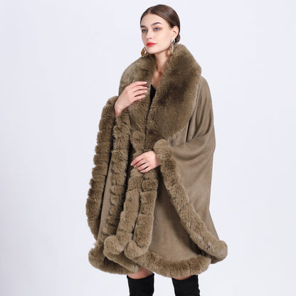 A European and American autumn and winter new imitation Rex rabbit fur collar cape large size knitted cardigan loose coat women