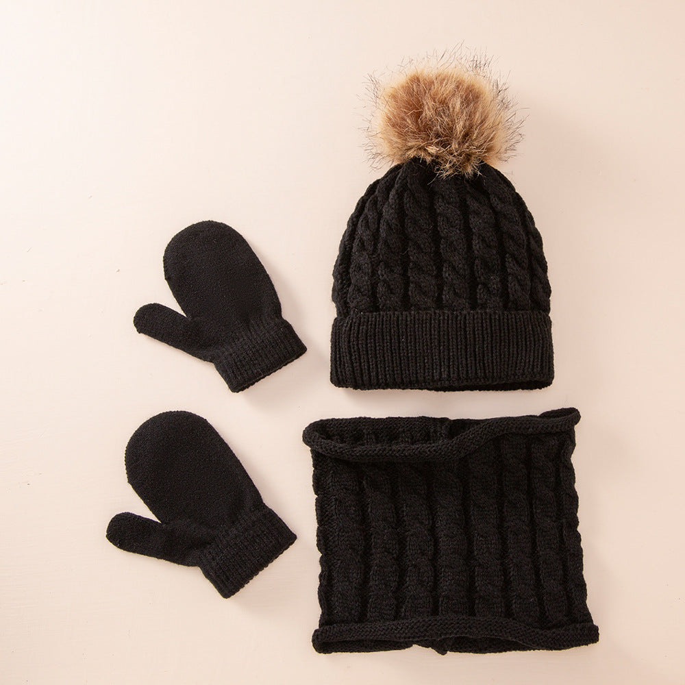 A new wool monochrome twist warm children's hat scarf gloves two or three-piece set