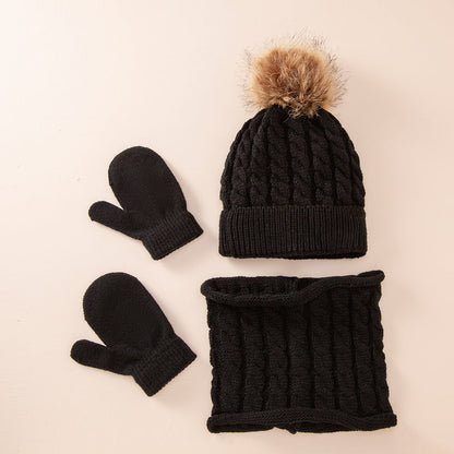 A new wool monochrome twist warm children's hat scarf gloves two or three-piece set