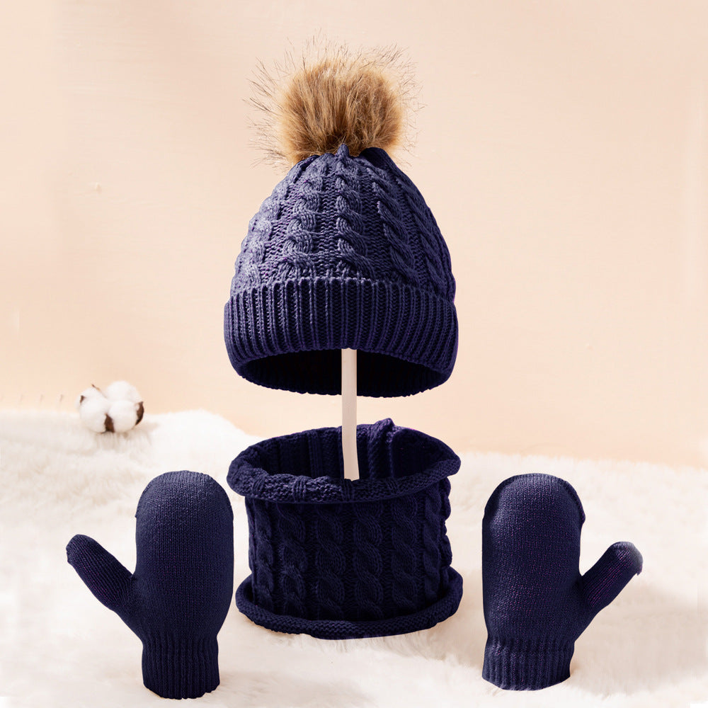 A new wool monochrome twist warm children's hat scarf gloves two or three-piece set