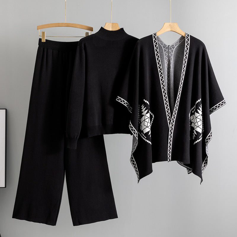 A knitted sweater shawl cape jacket three-piece set