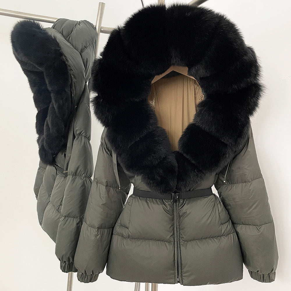 A fur collar hooded white duck down jacket