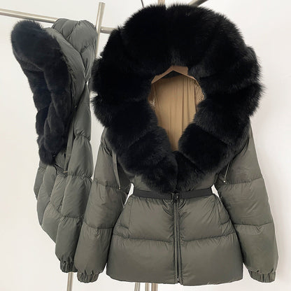 A fur collar hooded white duck down jacket