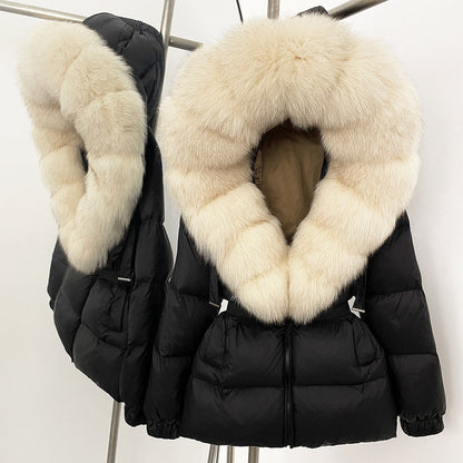 A fur collar hooded white duck down jacket
