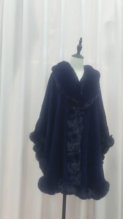 A Rabbit fur large lapel handmade wool cross-border European and American knitted imitation cashmere cardigan large size shawl cape