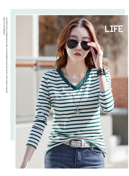 B2-m22 Loose and good quality women V-neck striped T- shirt - Mixbatch