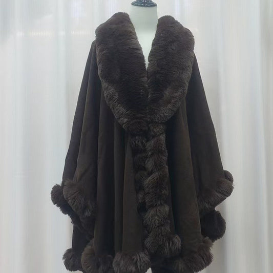 A Rabbit fur large lapel handmade wool cross-border European and American knitted imitation cashmere cardigan large size shawl cape