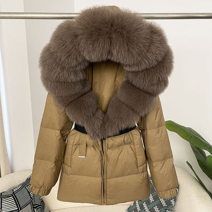 A fur collar hooded white duck down jacket