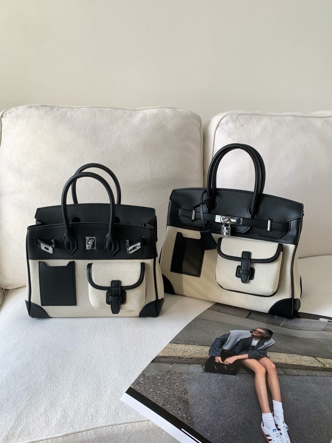 A spring new contrasting color canvas leather pocket platinum bag versatile casual shoulder oblique span women's bag