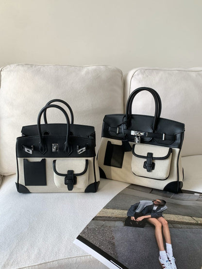 A spring new contrasting color canvas leather pocket platinum bag versatile casual shoulder oblique span women's bag