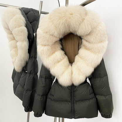 A fur collar hooded white duck down jacket