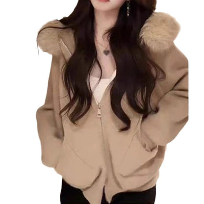 A fur collar hooded sweater jacket women's autumn and winter new high-end fashion lazy knitted cardigan top